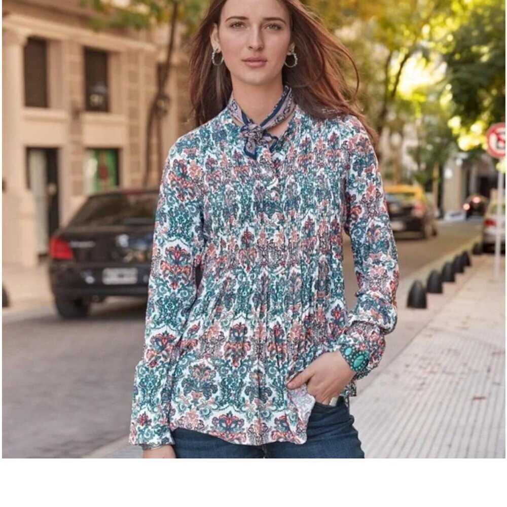 Sundance Paisley Pin Tuck Long Sleeve Blouse Women's Size Medium M Rayon